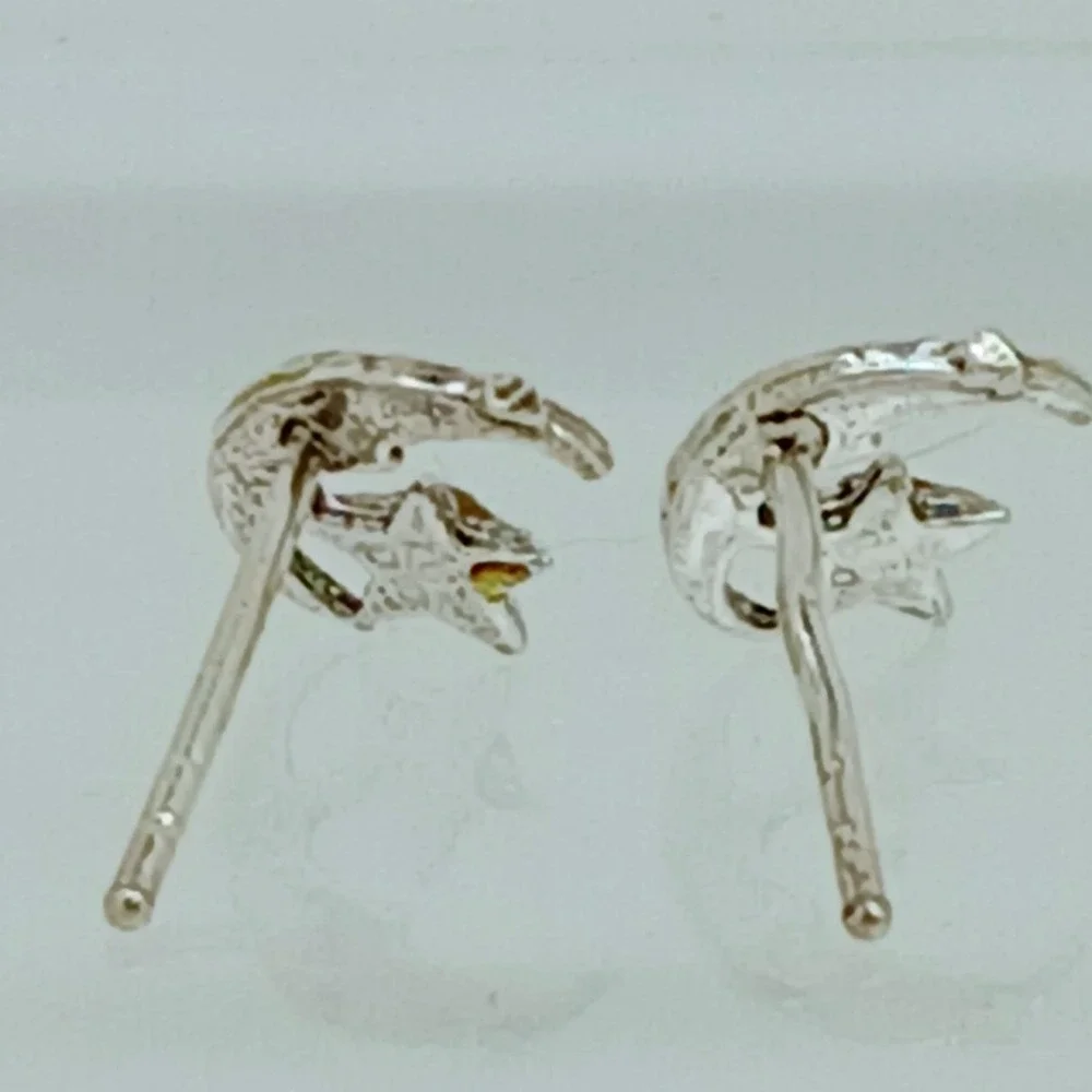 925 Sterling Silver Crescent Moon and Star Red Crystal‎ Stud Earrings Celestial